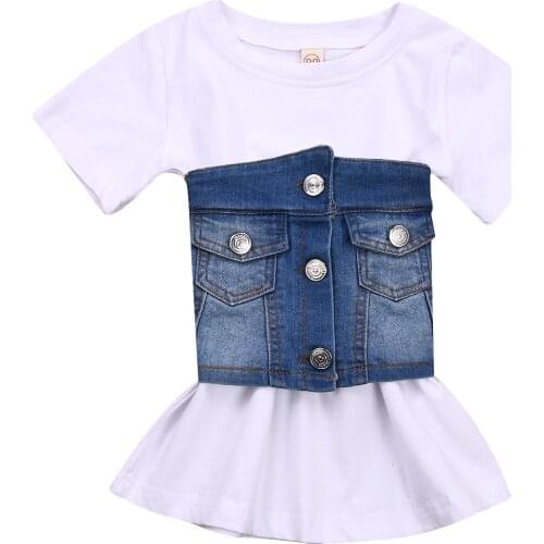 Citgeett Summer Kids Baby Girl Dress Denim Vest Short Sleeve Loose White Top Blue Buttons Pocket Vest Set Clothes