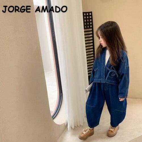 2021 New Spring Korean Style Kids Girls Boys 2-pcs Sets Denim Pocket Jacket + Wide Leg Pants Children Clothes E168