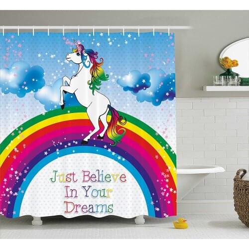 Kids Shower Curtain Unicorn Surreal Myth Creature Before Rainbow Clouds Star Fantasy Girls Fairytale Bathroom Decor Curtains