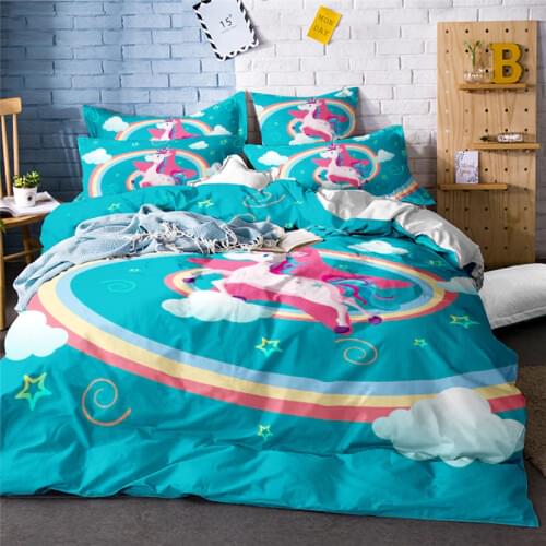 Painted White clouds star cartoon Unicorn rainbow comforter Bedding Sets 3d Duvet Cover bedlines King Bedclothes flat bed sheet
