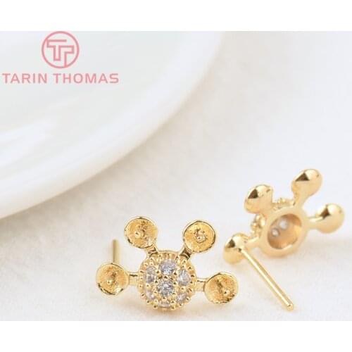 4PCS 9.4x14.2MM 24K Gold Color Brass with Zircon Dandelion with Half Pins Stud Earrings High Quality DIY Jewelry Making Findings