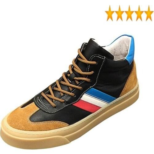 Mens High Top Sneakers Fashion Autumn Vintage Patchwork Genuine Leather Flat Platform Casual Lace Up Cowhide Short Boots