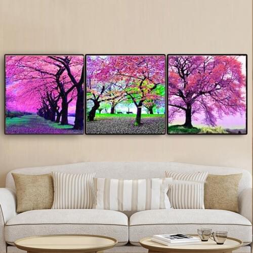 3 Piece Diamond Painting Cherry Blossom Trees Triptych Landscape Diamond Embroidery Sale,Full Drill,sqaure round Diaomnd N1225