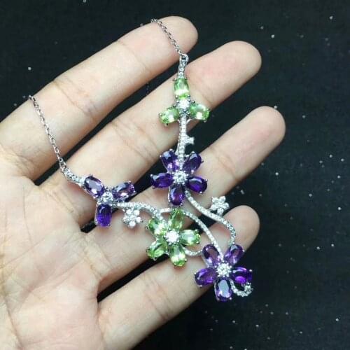 Natural green peridot Necklace natural amethyst Pendant Necklace S925 silver Luxurious Leaf Flower women gift party fine Jewelry