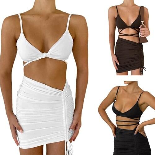 New Sexy Woman Dress Solid Color Sleeveless Backless Hole Out Strap Bodycon Mini Dresses Clubwear Party Vestidoes Clothes