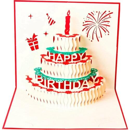 Happy Birthday Postcard Greeting Gift Cards Paper 3D Handmade Up Laser Cut Vintage Cake with Envelope red