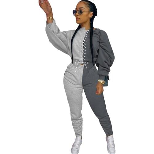 Casual Women Two Piece Set Color Patchwork Cross Bandage Sweater + long pants loose set streetwear outfit winter clothes