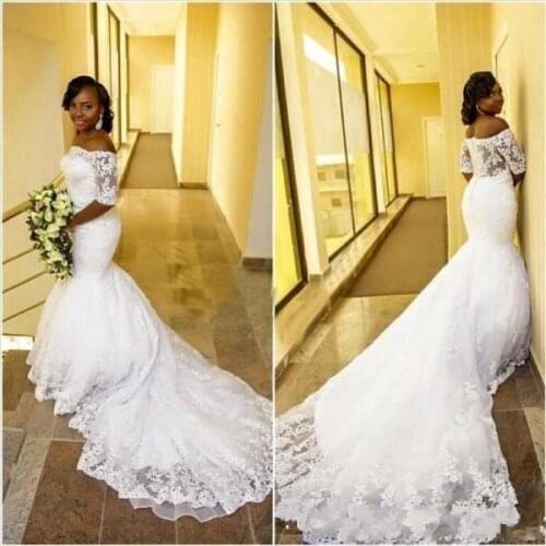 Country arabic Wedding Dresses half sleeves Off The Shoulder bateau neck court long Train Cheap african lace Bridal Gowns