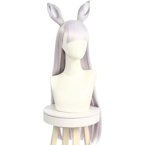 Anime Pretty Derby Gold Ship Cosplay Silver Gray Straight with Ears Heat Resistant Synthetic Hair Halloween Party + Free Wig Cap