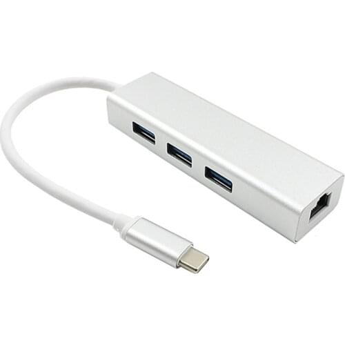 USB 3.1 USB C Type-C to Ethernet Network LAN rj45 with 3 Ports USB3.0 Hub Adapter Silver color For Macbook & Chromebook