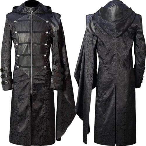 Vintage Gothic Steampunk Renaissance Man Jacket Medieval Autumn Hooded Zipper Coat Costume for Men Plus Size Black Strap Tuxedo