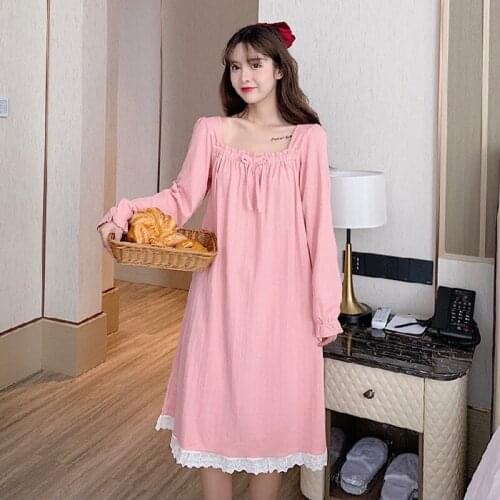 Korea Style Nightdress Female Spring Autumn New Sweet Cute Square Collar Long-Sleeved Nightwear Dress Home Wear