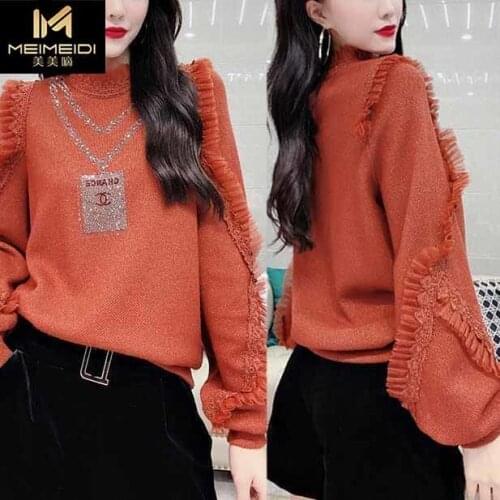 Woman TShirts Womens Ruffled Long-Sleeved Sweater, 2021 Spring Rhinestone Turtleneck Top Crop Top Mujer Camisetas