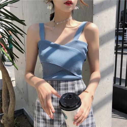 Women Summer Crop Tops Cross Chest Stretchy Slim ole Ladies Strapless Spaghetti Crop Top For Women Ribbed Top