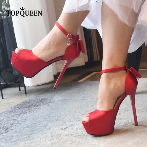 TOPQUEEN-A68 One Piece Clearance riband bowknot ankle strap pumps pointed toe kitten heels party women wedding shoe