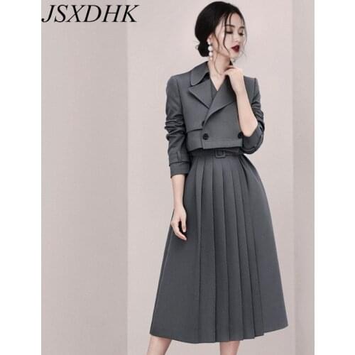 JSXDHK Runway High Quality Autumn Office OL 2 Piece Set Women Notched Collar Short Blazer Coat + Belt Midi Pleated Skirts Suit