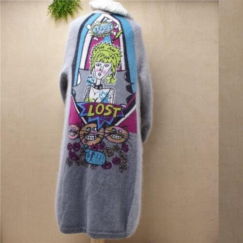 Ladies women fashion long loose fashion crazy girls printing mink cashmere slit tail long sleeved cardigans angora knitted coat