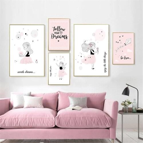 Abstract Ballet Girl Pink Flower Wall Art Poster Star Butterfly Dandelion Kite Prints Quotes Canvas Painting Baby Kid Room Decor