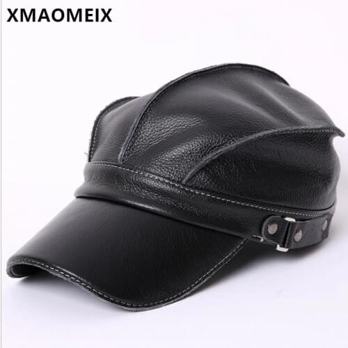 XMAOMEIX Spring Autumn Genuine Leather Hat For Men Women Warm Cowhide Leather Baseball Cap Adjustable Size Men Brands Black Caps