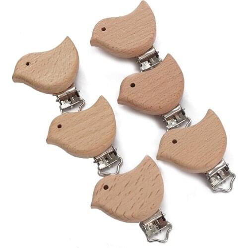 Chenkai 5PCS Wooden Bird Pacifier Clips DIY Organic Eco-friendly Unfinished Nature Baby Pacifier Rattle Teething Grasping Toy