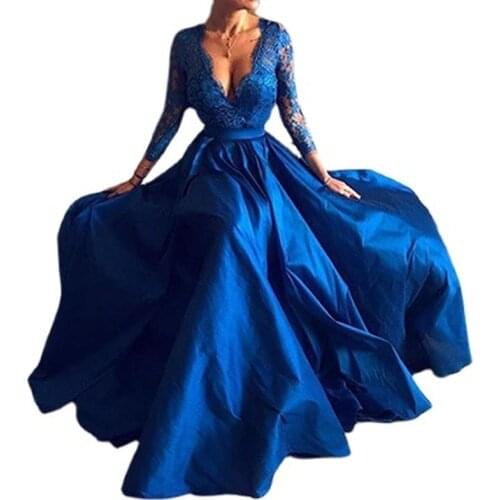 V Neck Three Quarter Sleeve Dresses Long Lace Embroidery Train Bridal Gown Elegant Plus Size 2021 New Blue Dress