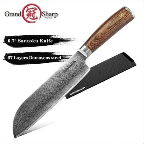 Grandsharp 6.7 Inch Santoku Knife Damascus Steel 67 Layers VG10 Japanese Stainless Steel Kitchen Chef Knives Pakkawood Handle