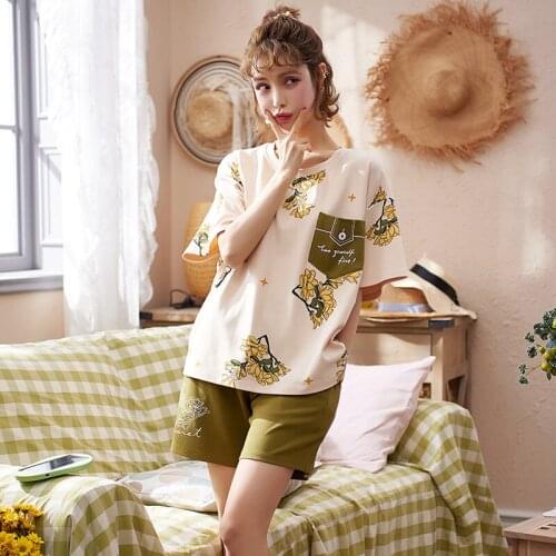 Summer Pyjamas Womens Short Tops+Short Pants Two Pieces Set Pajamas Sweet Big Size Cotton Female Sleepwear Printed Pyjama Femme