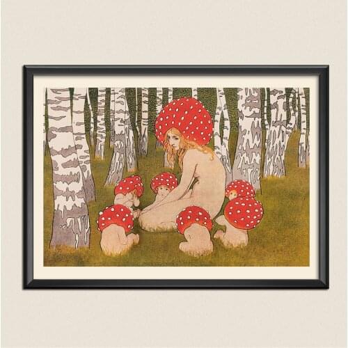 Mother Mushroom with her children Vintage art print Poster Mushroom wall art Woodland decor Antique forest Canvas Print Painting