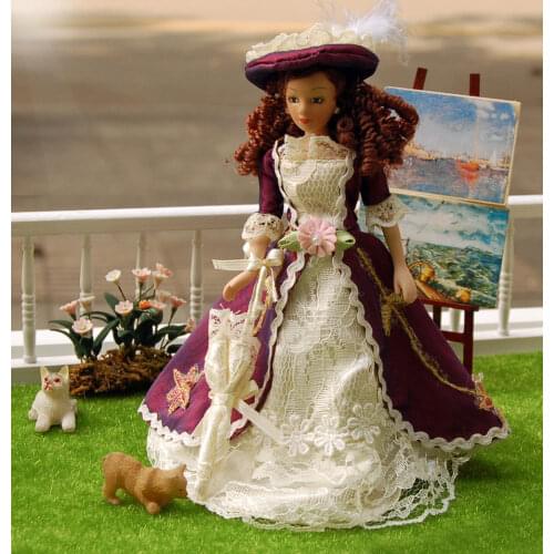 6.7" 1:12 Dollhouse miniature Mini Dolls Brown hair Purple skirt Retro Lady