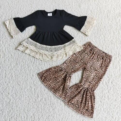 Fashion Baby Girl boutique clothing suit fashion lace lace suit leopard Bell Bottoms Set milk silk flared pants