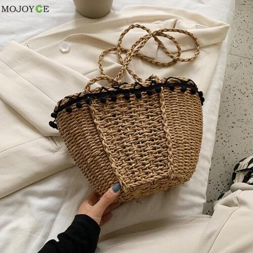 Fashion Women Straw Woven Basket Shape Shoulder Crossbody Messenger Bag Casual Ladies Summer Beach Vacation Tassel Small Handbag