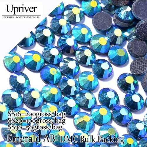 Upriver Wholesale Large Pack Bulk Packing Shiny Glass Wholesale Size SS16 SS20 SS30 Emerald AB Hotfix Rhinestones