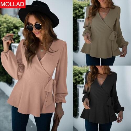 2021autumn and Winter New Hot Sale V-neck Solid Color Rib Fabric Lace-up Lantern Long Sleeve Top