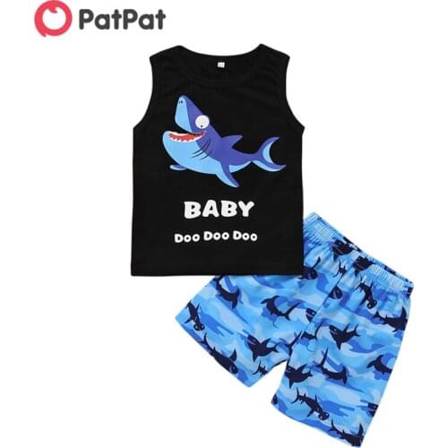 PatPat 2020 New Summer Baby Boys Clothes Toddler Cartoon Shark Print Tank and Shorts Sets Baby Boy Clothes