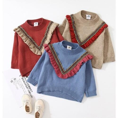 2020 Autumn Spring 2 3-10 12 Years ChildrenS Clothing O-Neck Knitted Pullover Cotton Ruffles Patchwork Kids Baby Girls Sweater