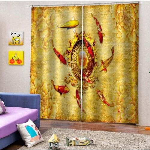 Luxury Blackout 3D Window Curtains yellow fish curtains 3D Curtain Printing Blockout Polyester