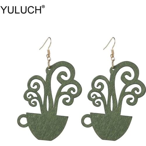 YULUCH Women Hollow Wooden Art Flower Pot Plant Long Dangle Earrings Fashion Jewelry Ethnic Big Pendant Earrings For Women Party