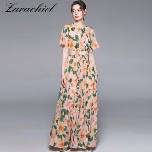 Woman Maxi Bohemian Beach Dress Summer 2021 Runway Cloak Sleevs Floral Printed Robe Femme Elegant Chiffon Long Pleated Dress