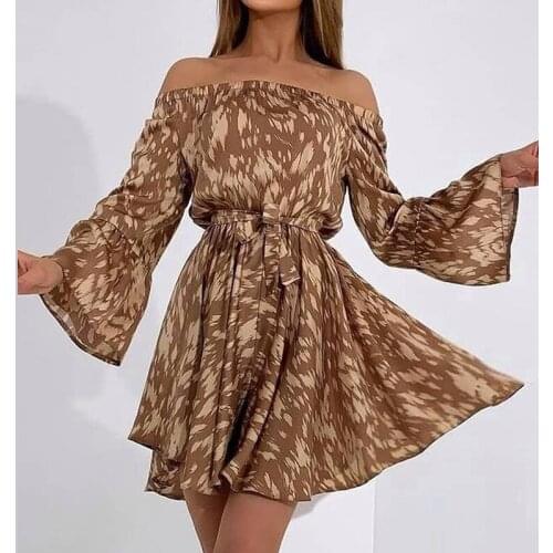 Women Dresses Off Shoulder Elastic Flare Long Sleeve A-Line Dresses Slash Neck Belted Dresses Spring Autumn