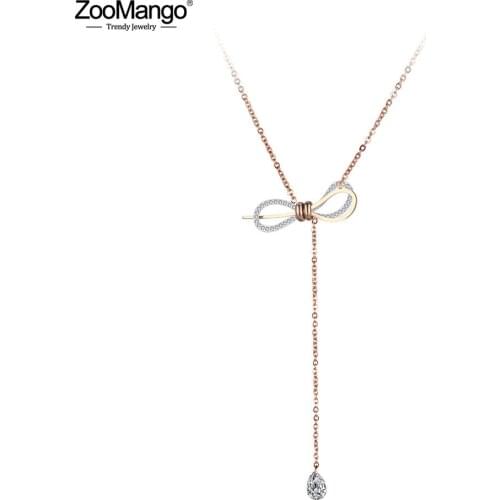 ZooMango Fashion AAA CZ Crystal Three-dimensional Bowknot Necklace Stainless Steel Wedding Neckalce Jewelry For Women ZN19037