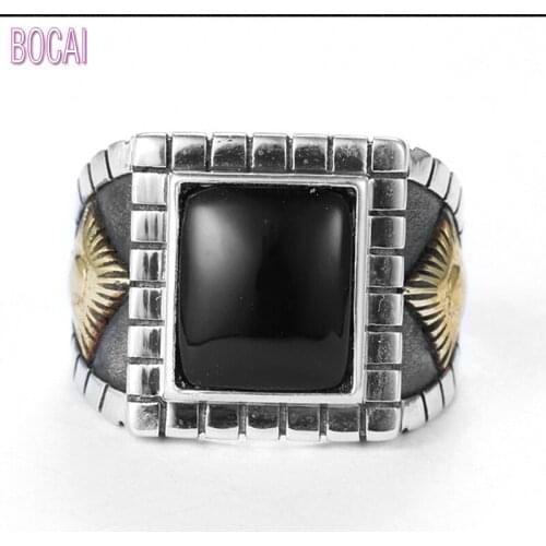 2019 100% real new S925 silver jewelry ethnic style, sun natural black stone silver ring for MenThai silver mens ring square