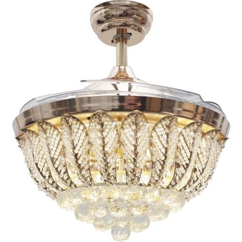 42 Inch Invisible Crystal Ceiling Fan with LED Light and Remote, 4 Retractable ABS Blades Fan Chandelier for Bedroom Diningroom
