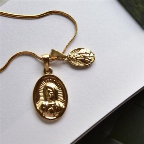 Titanium Steel Golden Small Double Mary Pendant Necklace Hip Hop Charm Jewelry for Women Men Snake Chain 50cm/60cm Length