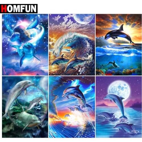 HOMFUN Full Diamond Embroidery "Dolphin sea moon" Diamond Painting Cross Stitch Patterns Rhinestone Unfinished Home Decor