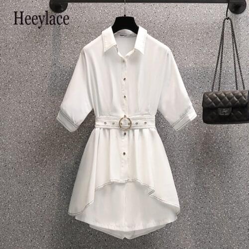 Plus Size Solid Summer Shorts Set Summer Short Sleeve Turn Down Collar High Waist Irregular Top And Shorts Two Pieces Set 2021