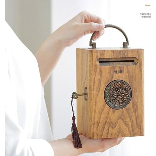 American retro solid wood piggy bank Large capacity built-in lock with handle High-quality money-saving box The best gift piggy