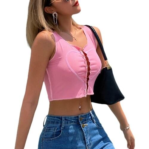 Womens Solid Color Crop Tops, Sleeveless Front Heart Pattern Safety Pin Connect Hollowed Short Clothes