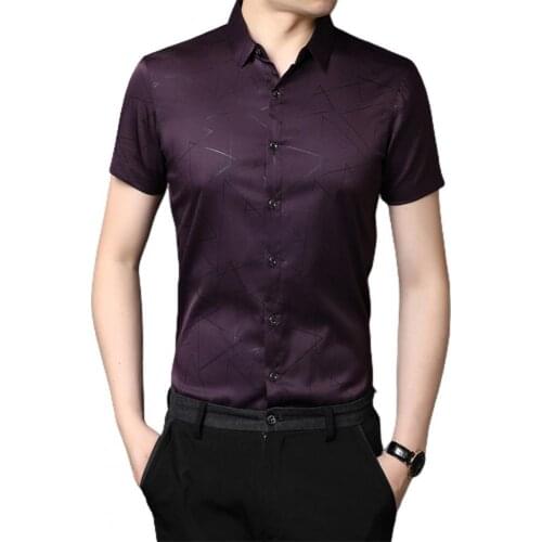 Men Social Turndown Collar Shirt Geometric Print Breathable Summer Streetwear Lapel Short Sleeve Top for Business