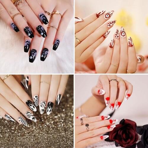 24PCS Halloween False Nails With Design Press On Nails Mid-Long Extension for Manicure Acrylic Fake Nails Artificial Nail Tips