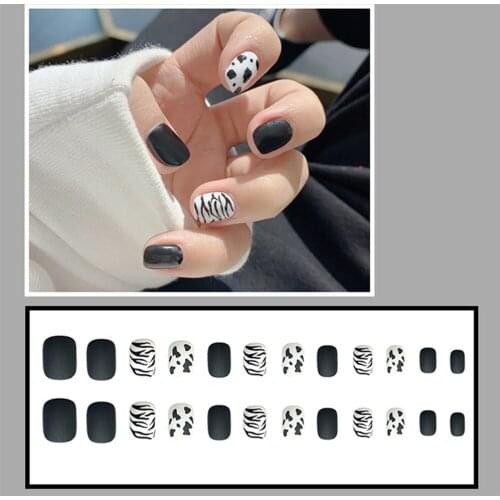 NEW Frosted Matte False Nail Black White Milk Cow Print Full Cover Fake Nails Press on Nail Decoration With Glue DIY Nail Art
